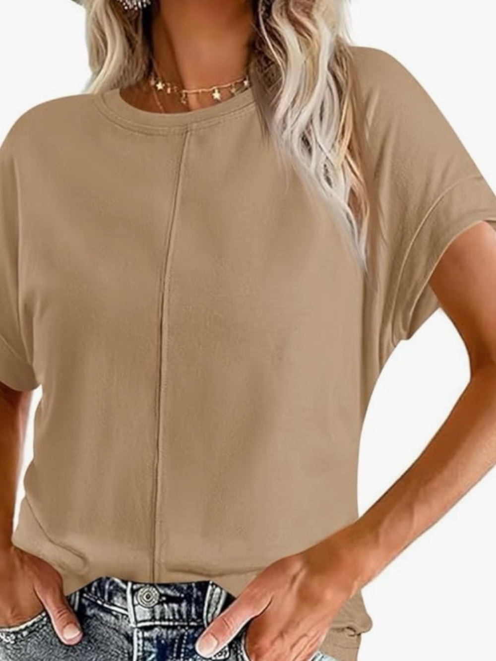 Casual Crewneck Short Sleeve Top in Tan - Women